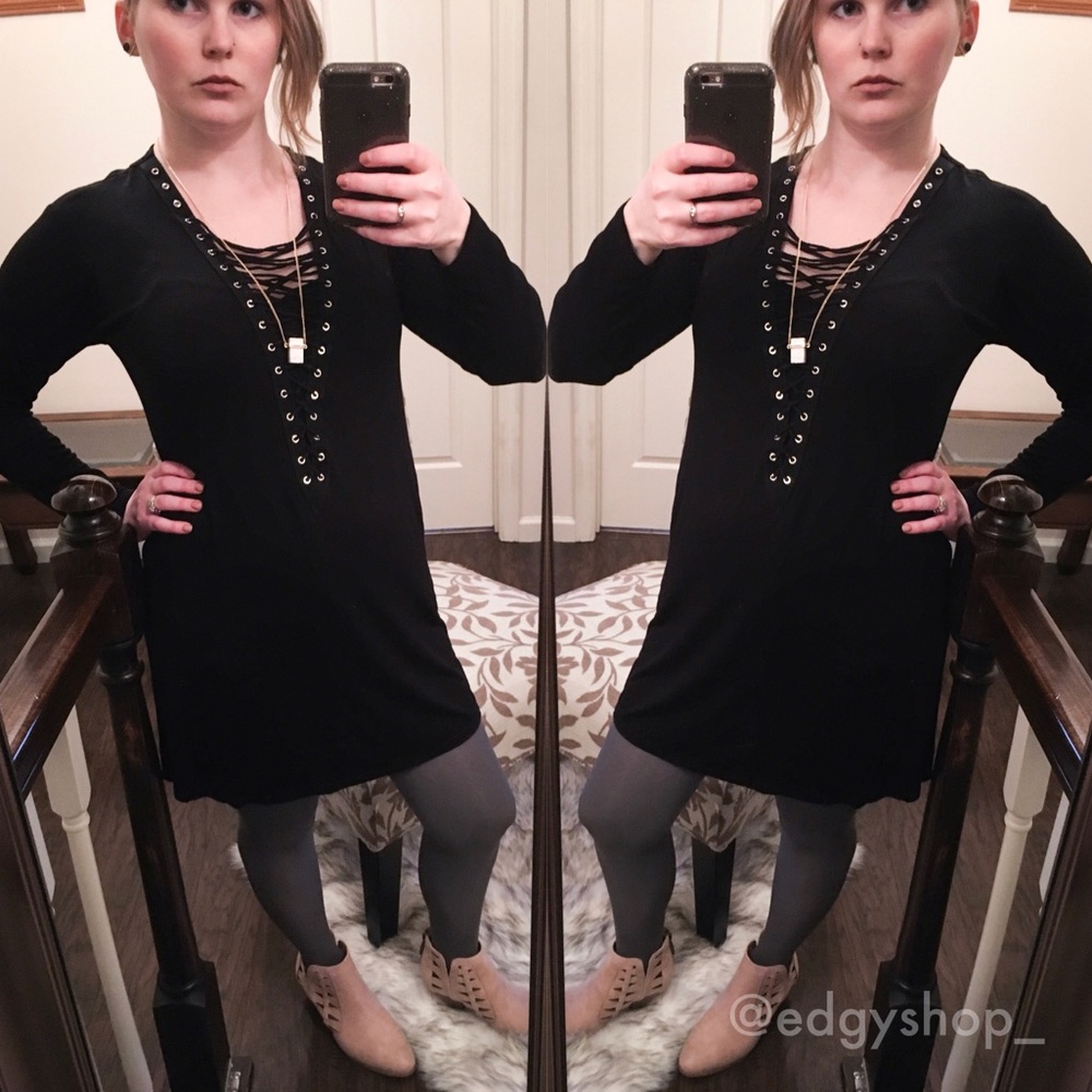 Lace Up Long Sleeve Knit Mini Dress